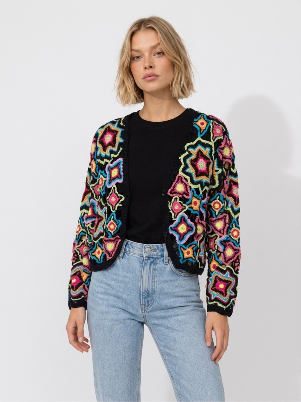 Black Multicolor Crochet Star Cardigan Sweater